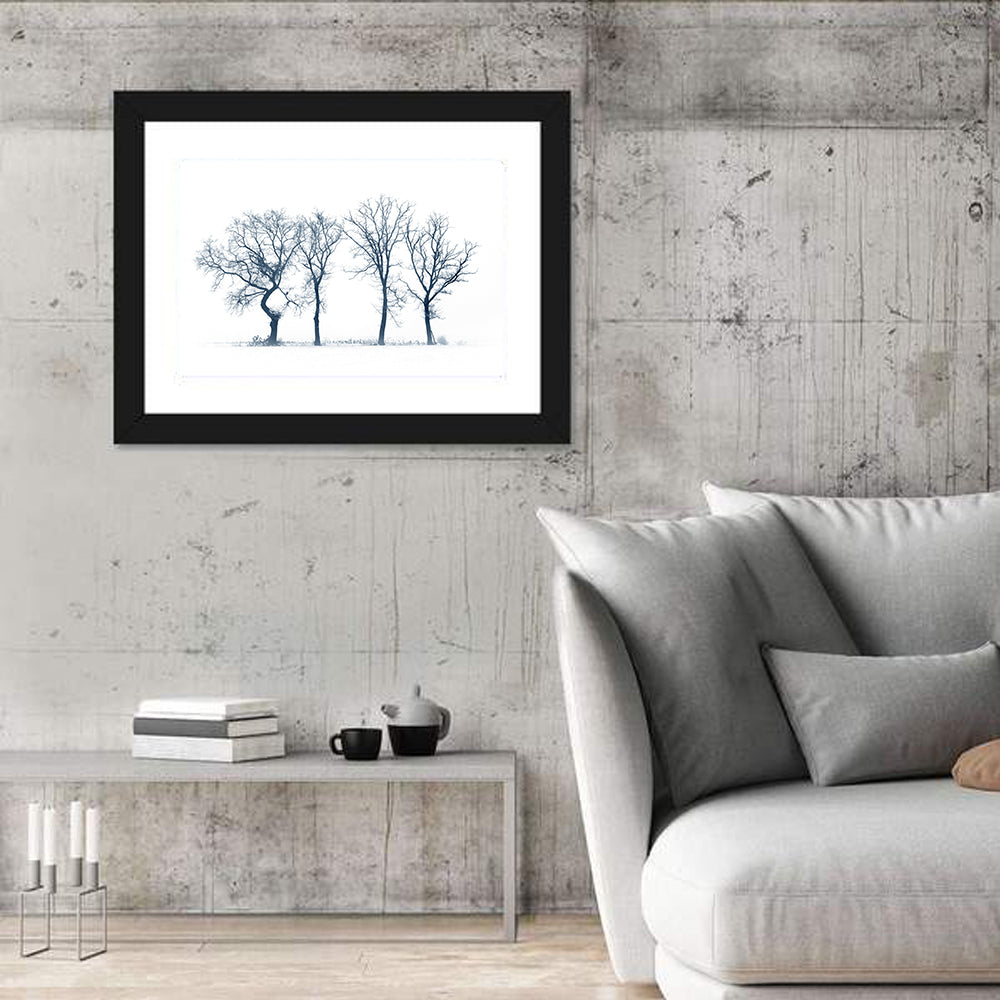 Four Bare Trees in Winter Wall Art in a room, landscape