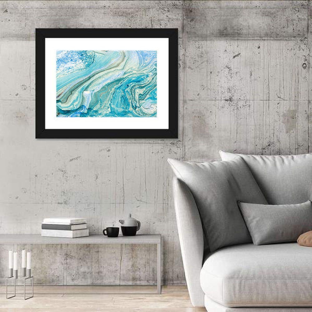 Aqua Marble Swirls with Silver Accents Wall Art in a room, landscape