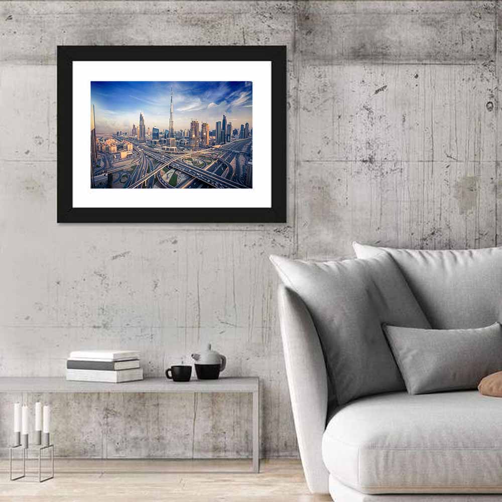 Dubai Aerial Skyline Wall Art in a room, landscape