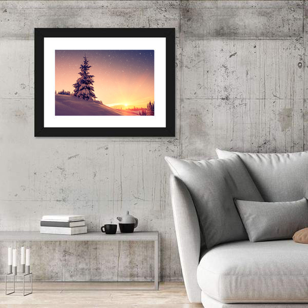 Snowy Sunset with Conifer Wall Art in a room, landscape