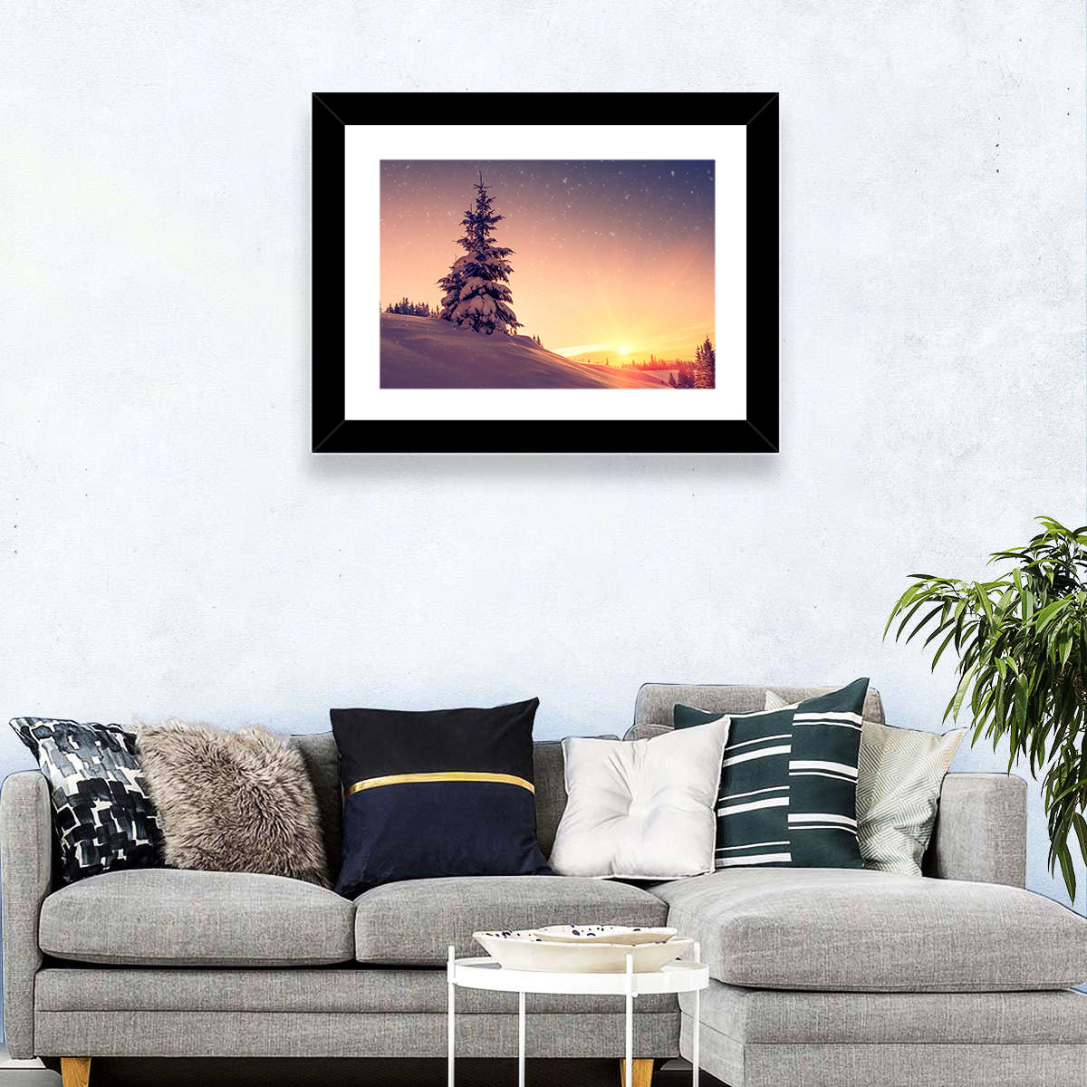 Snowy Sunset with Conifer Wall Art in a room, landscape