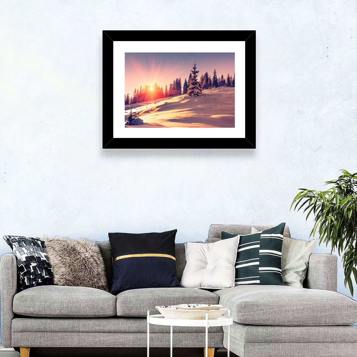 Winter Mountains Sunrise Wall Art in a room, landscape