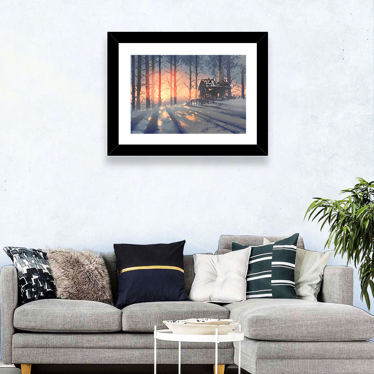 Snowy Forest Cabin at Sunset Wall Art in a room, landscape
