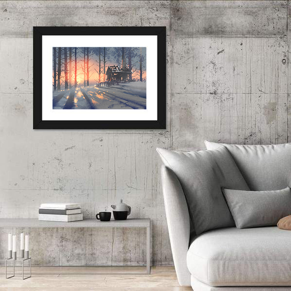 Snowy Forest Cabin at Sunset Wall Art
