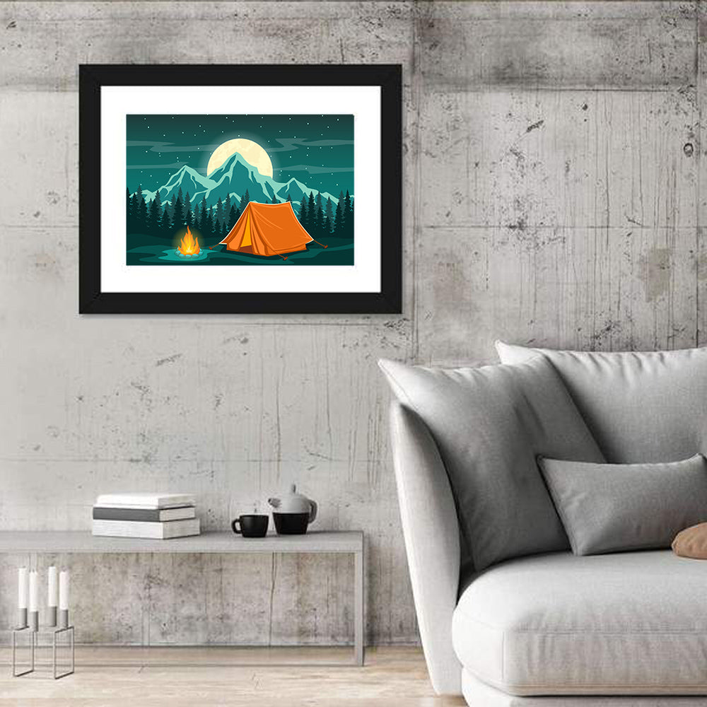 Moonlit Campfire Landscape Wall Art in a room, landscape
