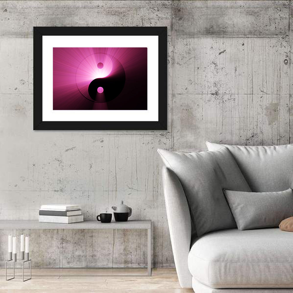 Magenta Yin Yang Symbol Wall Art in a room, landscape