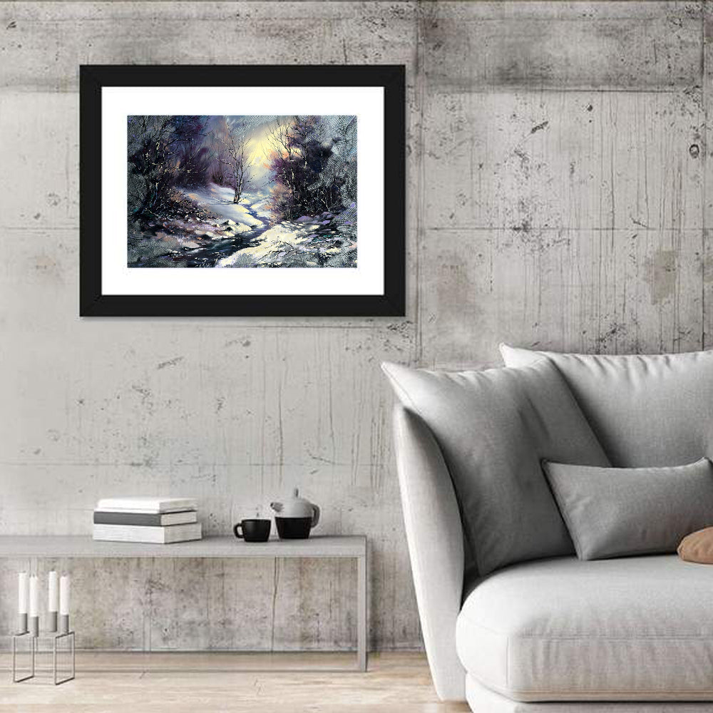 Sunlit Frozen Stream in Winter Forest Wall Art in a room, landscape