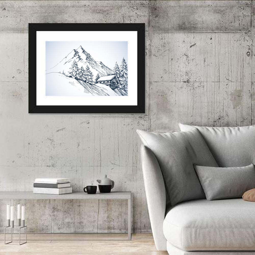 Snowy Mountain Cabin Sketch Wall Art in a room, landscape
