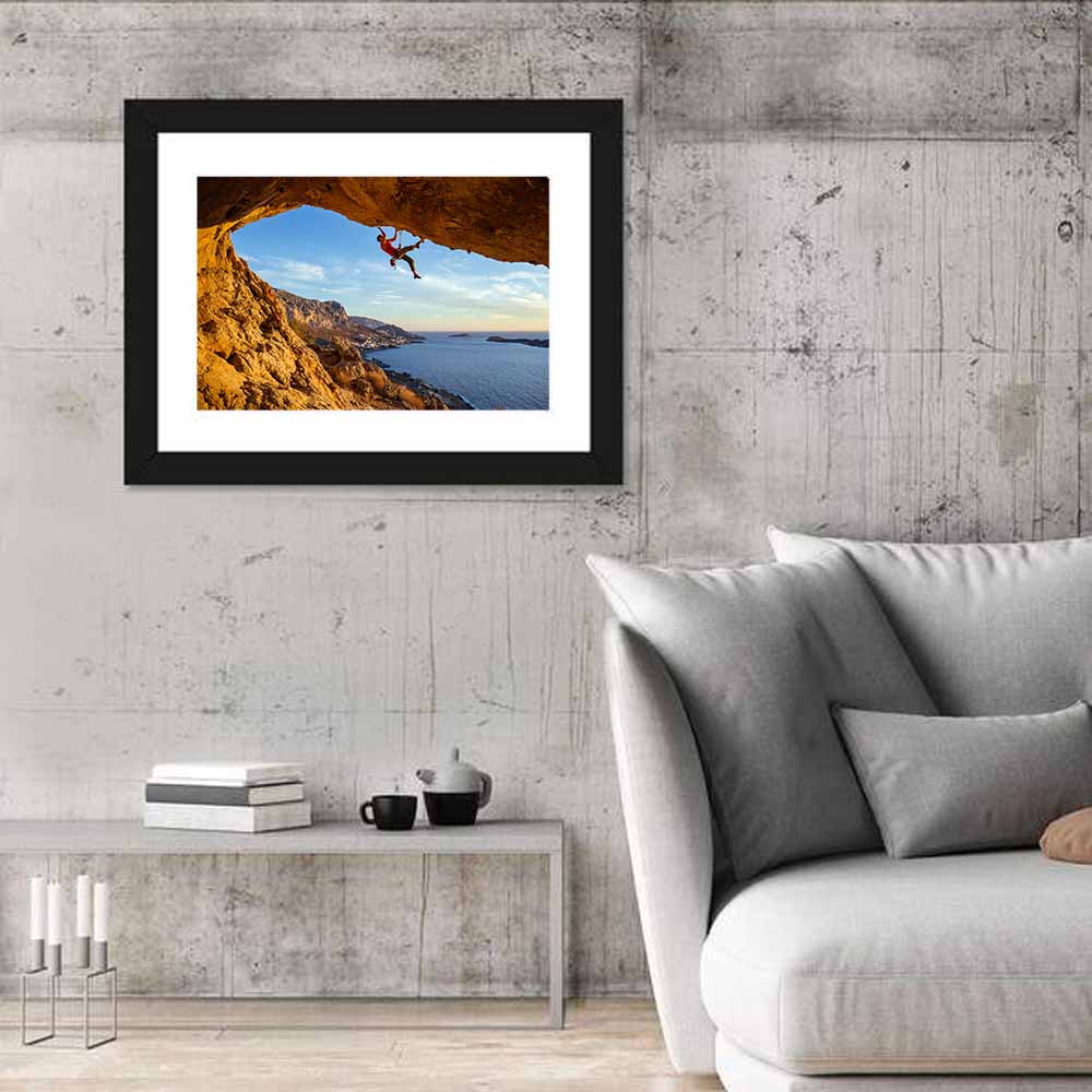 Climber on Overhanging Coastal Rock Wall Art