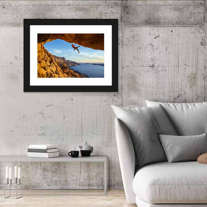 Climber on Overhanging Coastal Rock Wall Art