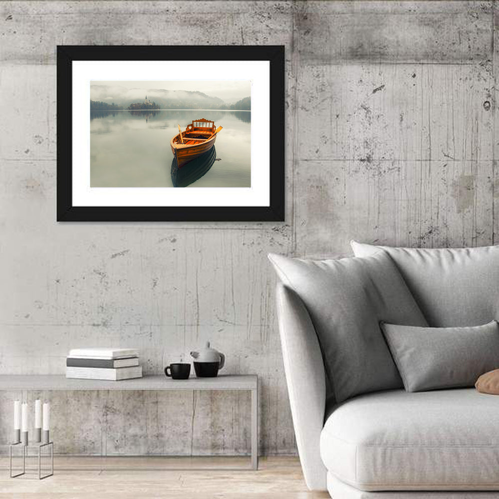 Wooden Boat on Misty Lake Bled Wall Art