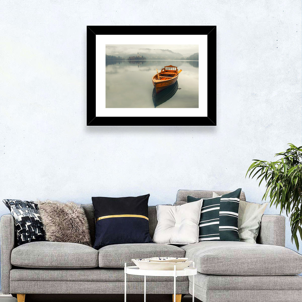 Wooden Boat on Misty Lake Bled Wall Art in a room, landscape