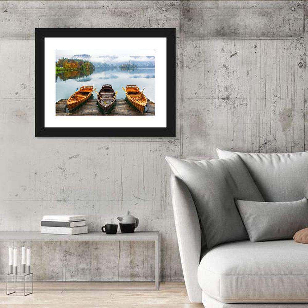 Moored Boats on Misty Lake Bled Wall Art