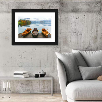 Moored Boats on Misty Lake Bled Wall Art
