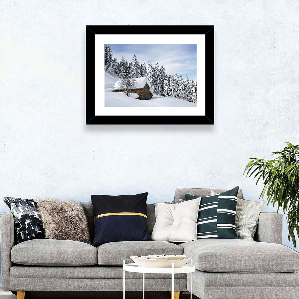 Snow Covered Alpine Cabin Wall Art