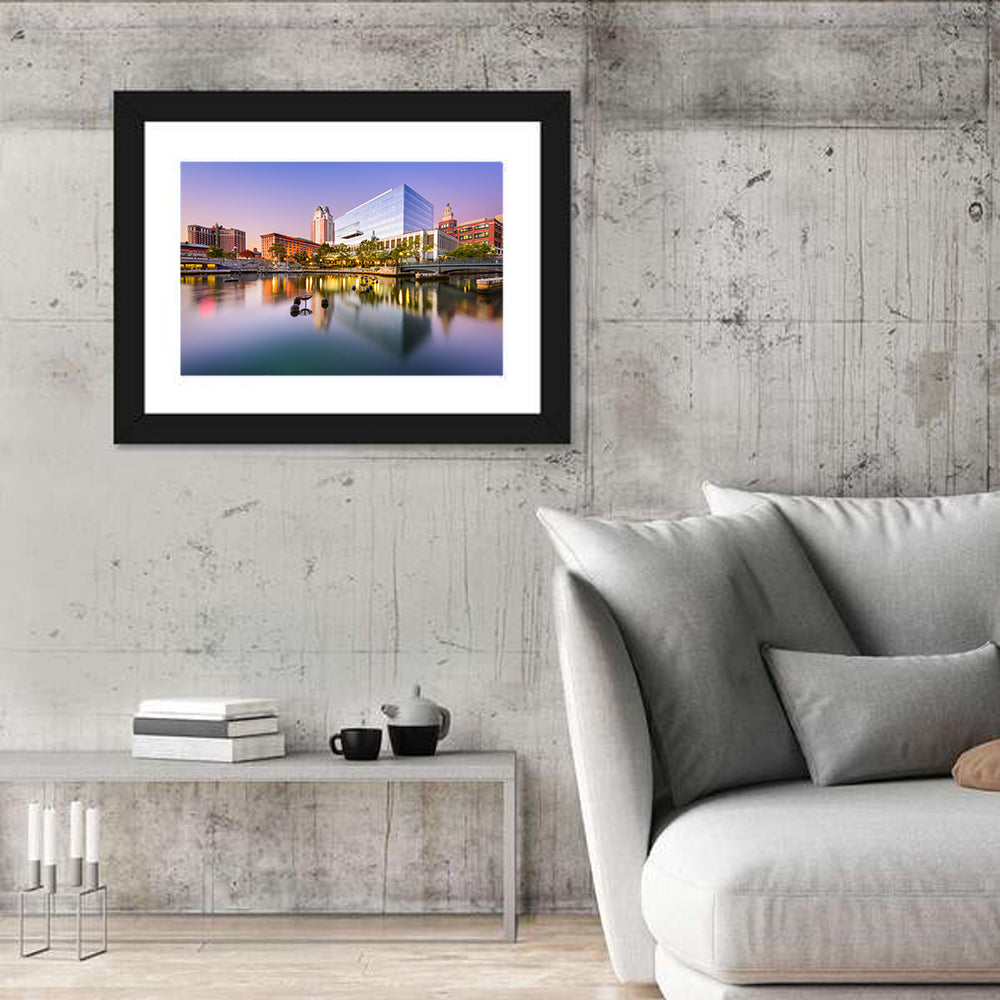 Providence River Skyline at Twilight Wall Art in a room, landscape