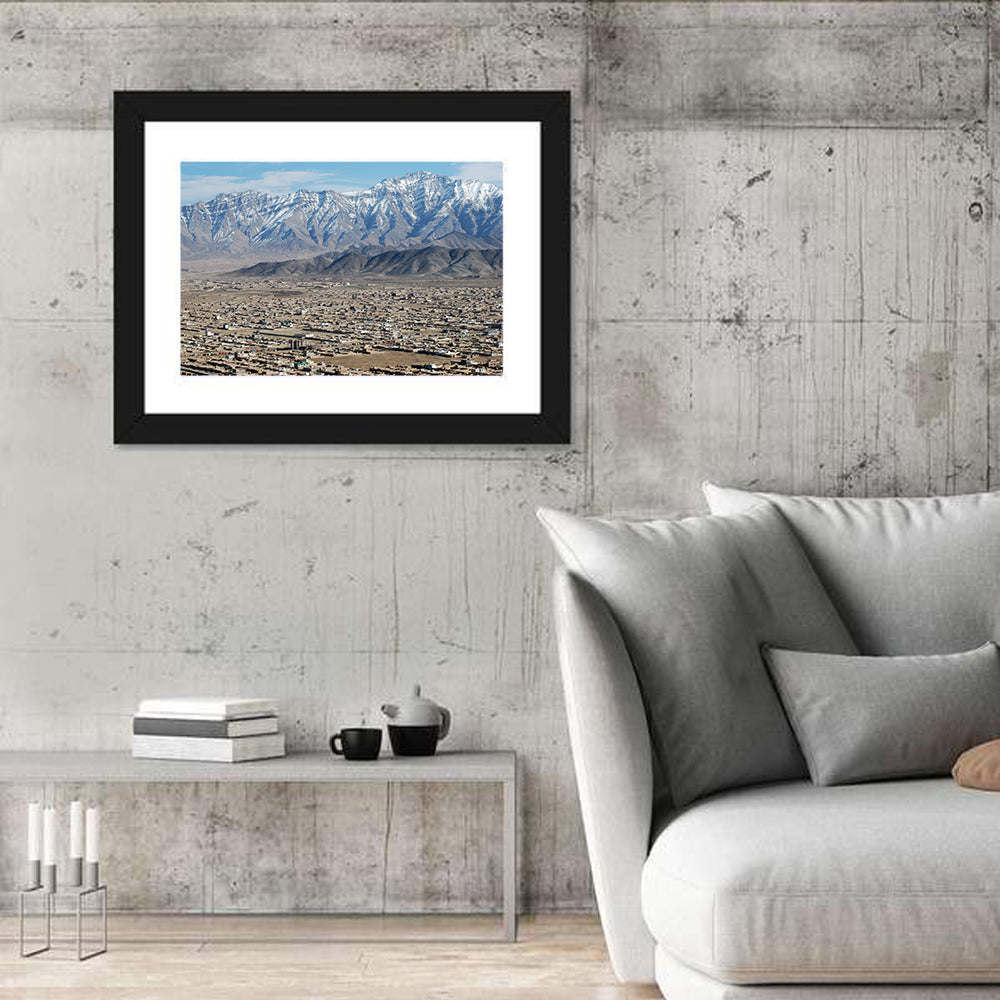 Kabul from Above with Snow-capped Mountains Wall Art in a room, landscape