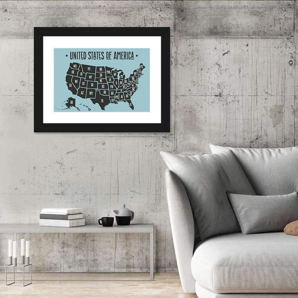 Minimalist USA Map with State Abbreviations Wall Art in a room, landscape
