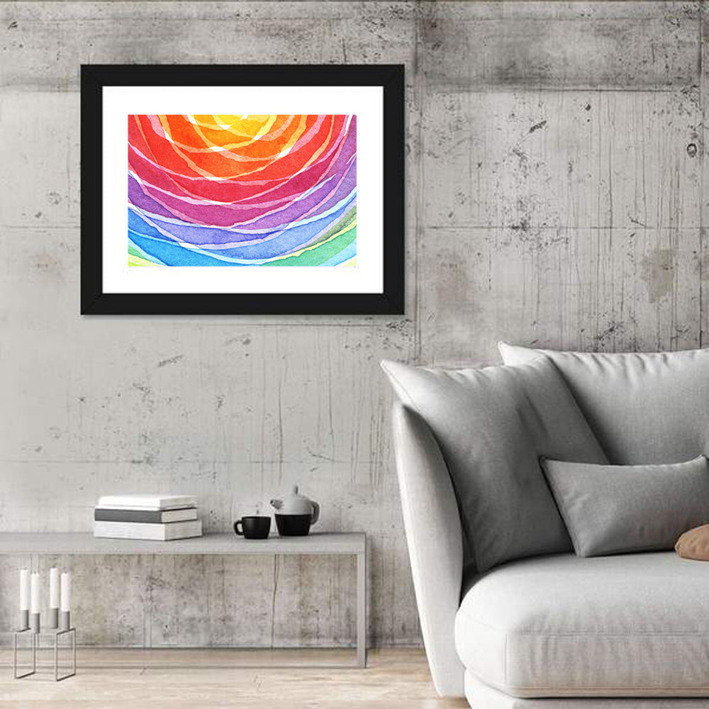 Radiant Rainbow Watercolor Arcs Wall Art in a room, landscape