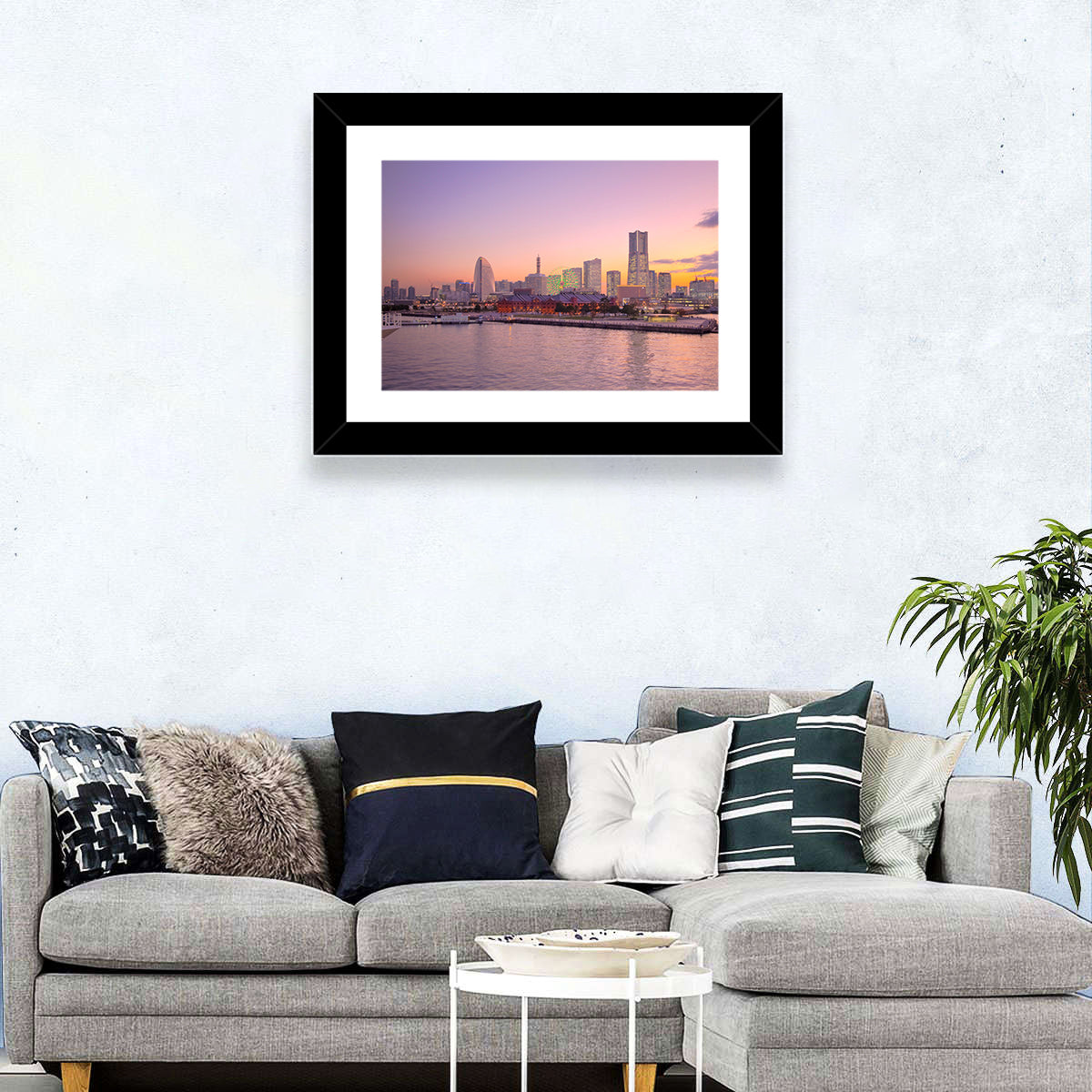 Yokohama Harbor Twilight Wall Art in a room, landscape