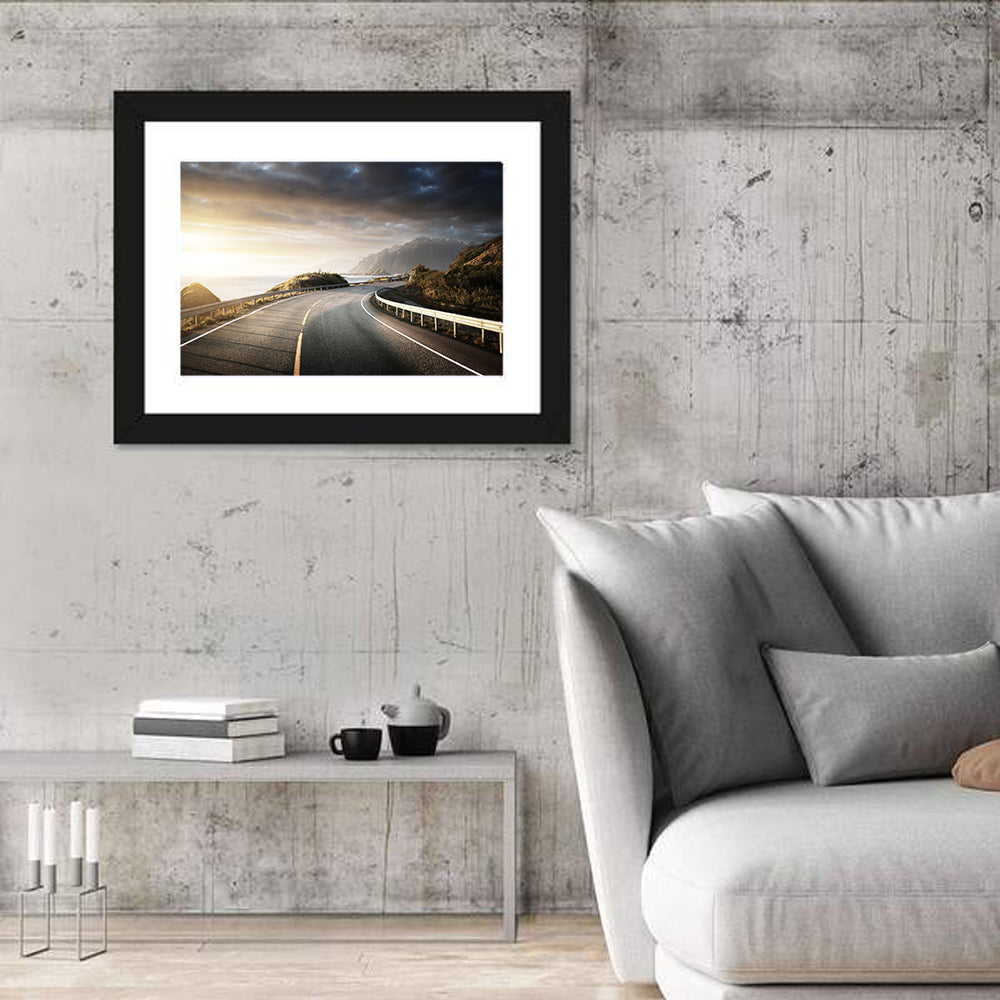 Golden Sunrise Coastal Road Wall Art in a room, landscape
