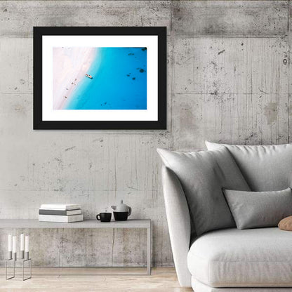 Aerial Beach Bay with White Boat Wall Art