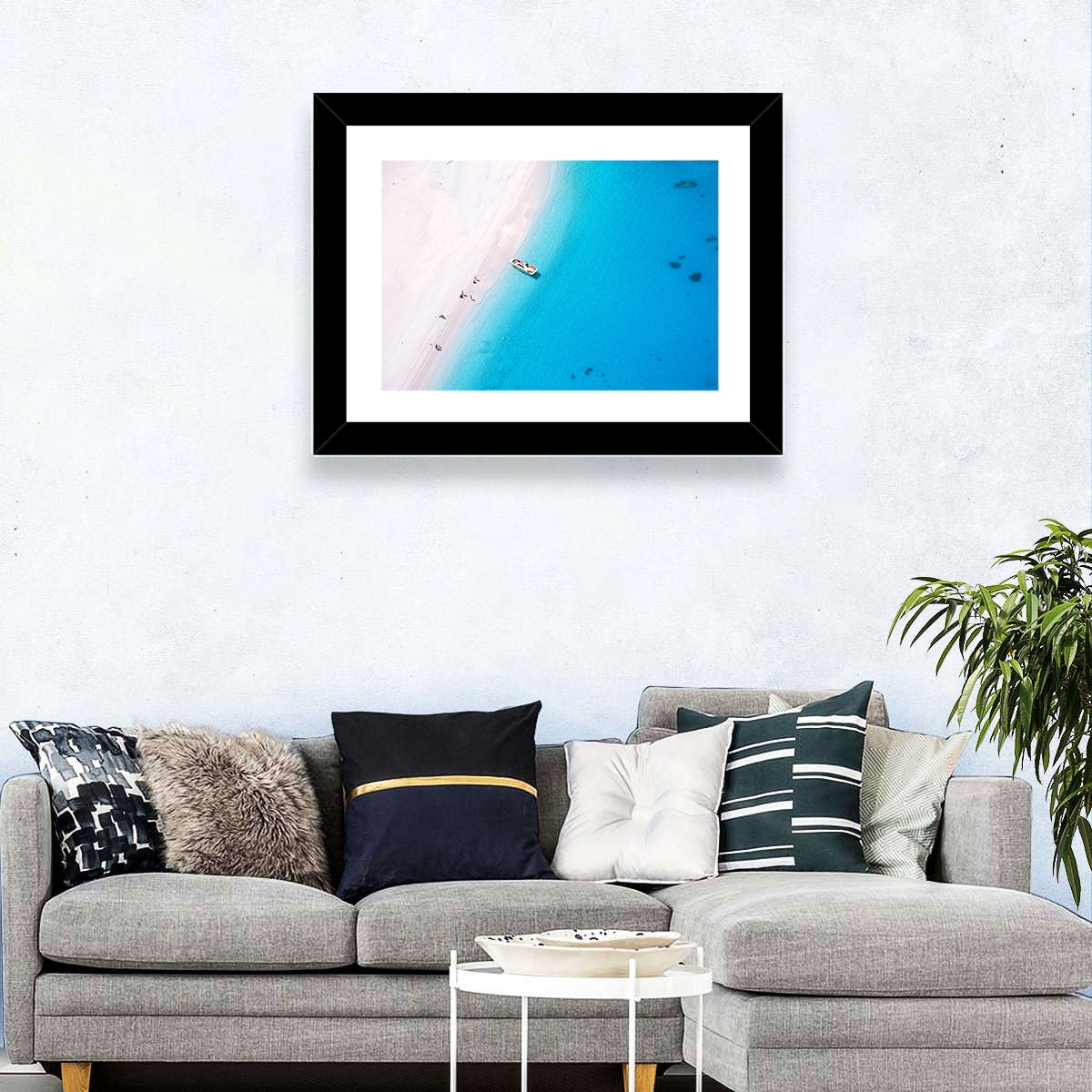 Aerial Beach Bay with White Boat Wall Art