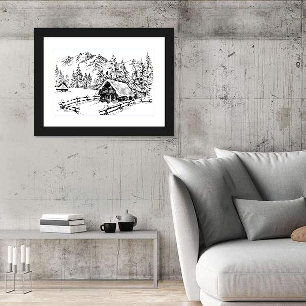 Snow-covered Mountain Cabin Wall Art