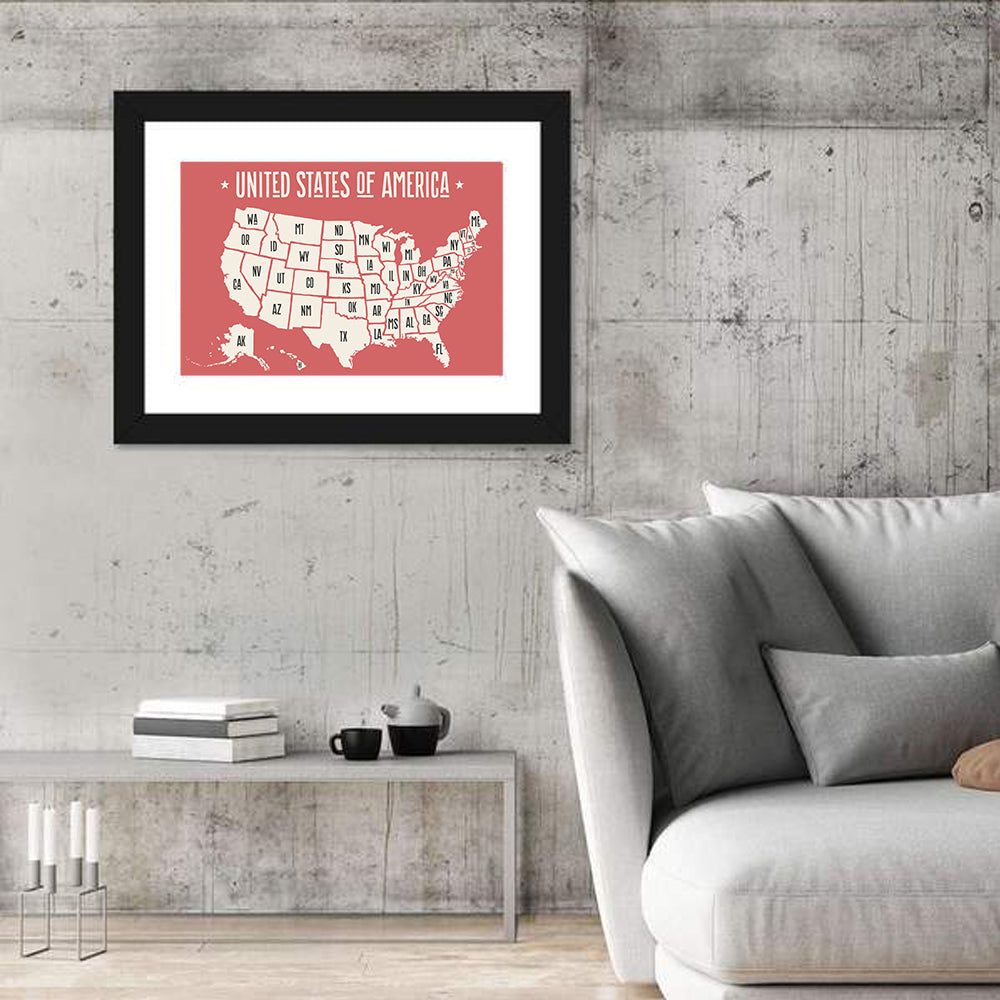 United States Map with State Abbreviations Wall Art