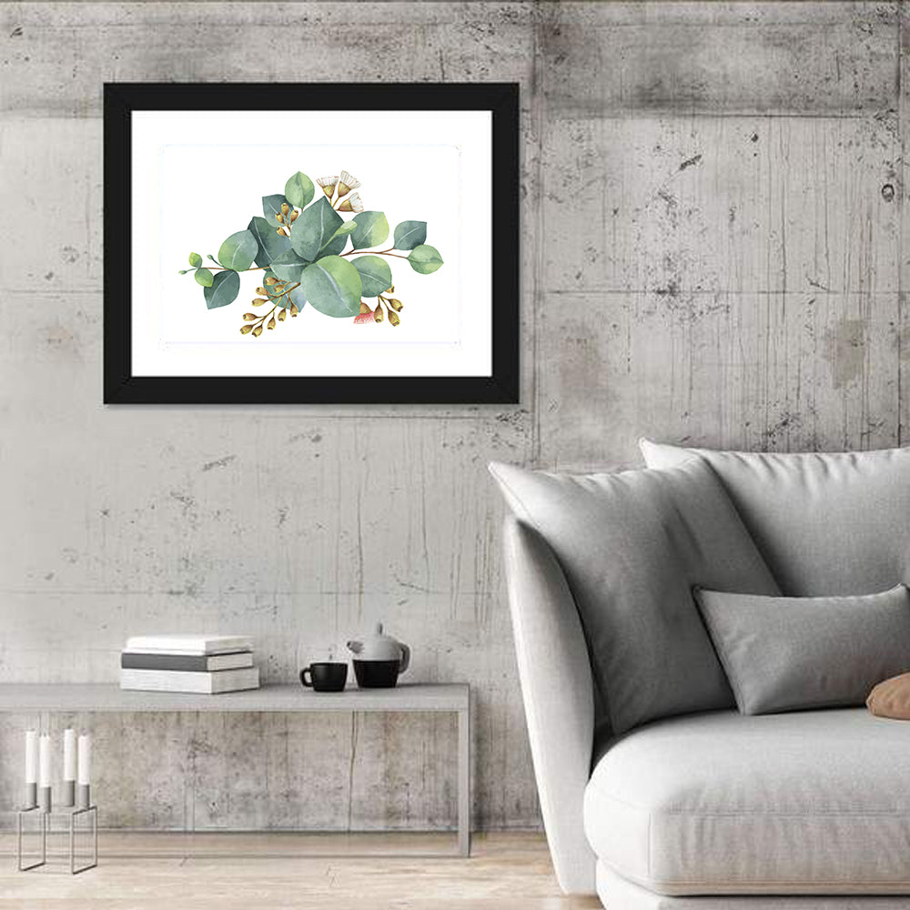 Eucalyptus Leaves with Pink Blossom Wall Art in a room, landscape
