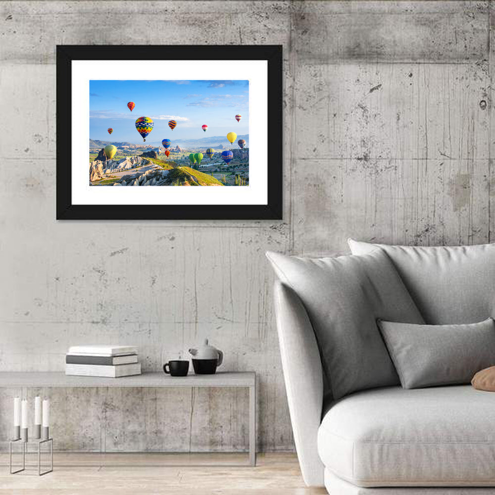 Cappadocia Hot Air Balloons Over Rock Valleys Wall Art in a room, landscape