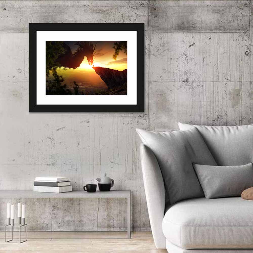 Man and Dragon at Sunset Wall Art in a room, landscape