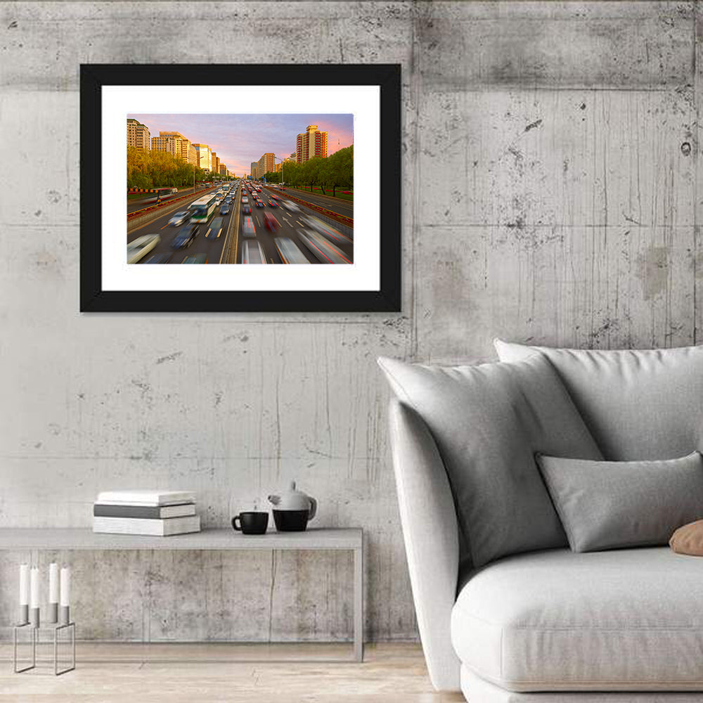 Beijing Sunset Traffic Streaks Wall Art in a room, landscape