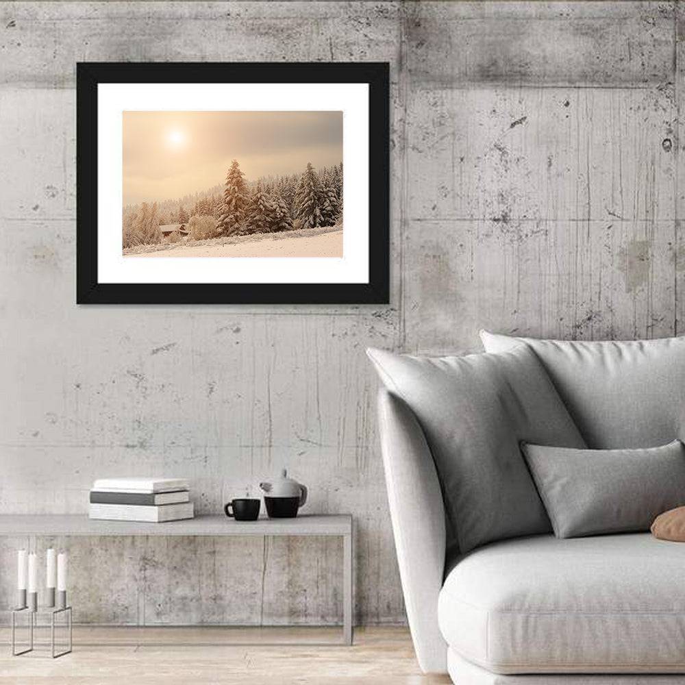 Snowy Pine Forest at Golden Hour Wall Art