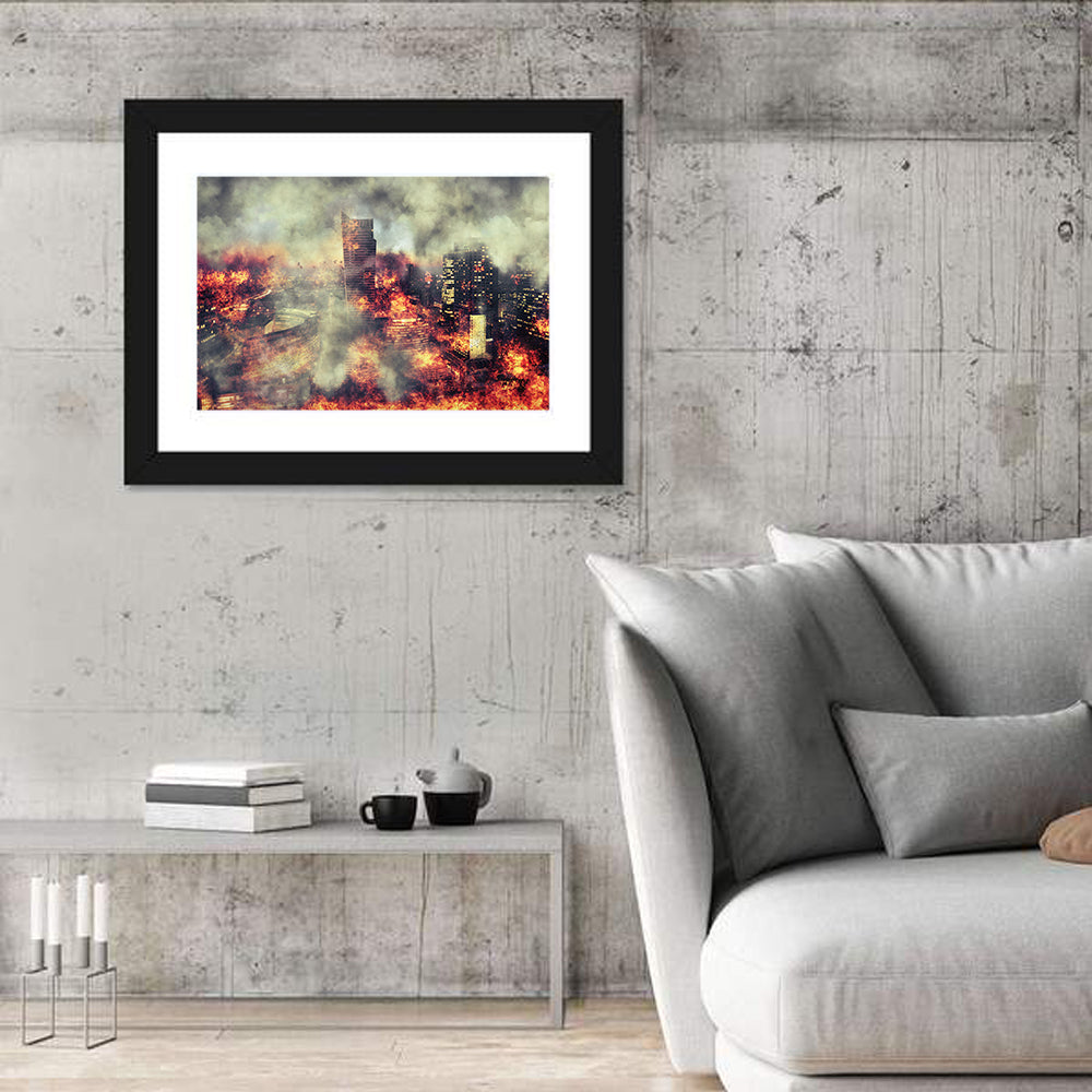 Warsaw Spire Burning City Abstract Wall Art in a room, landscape