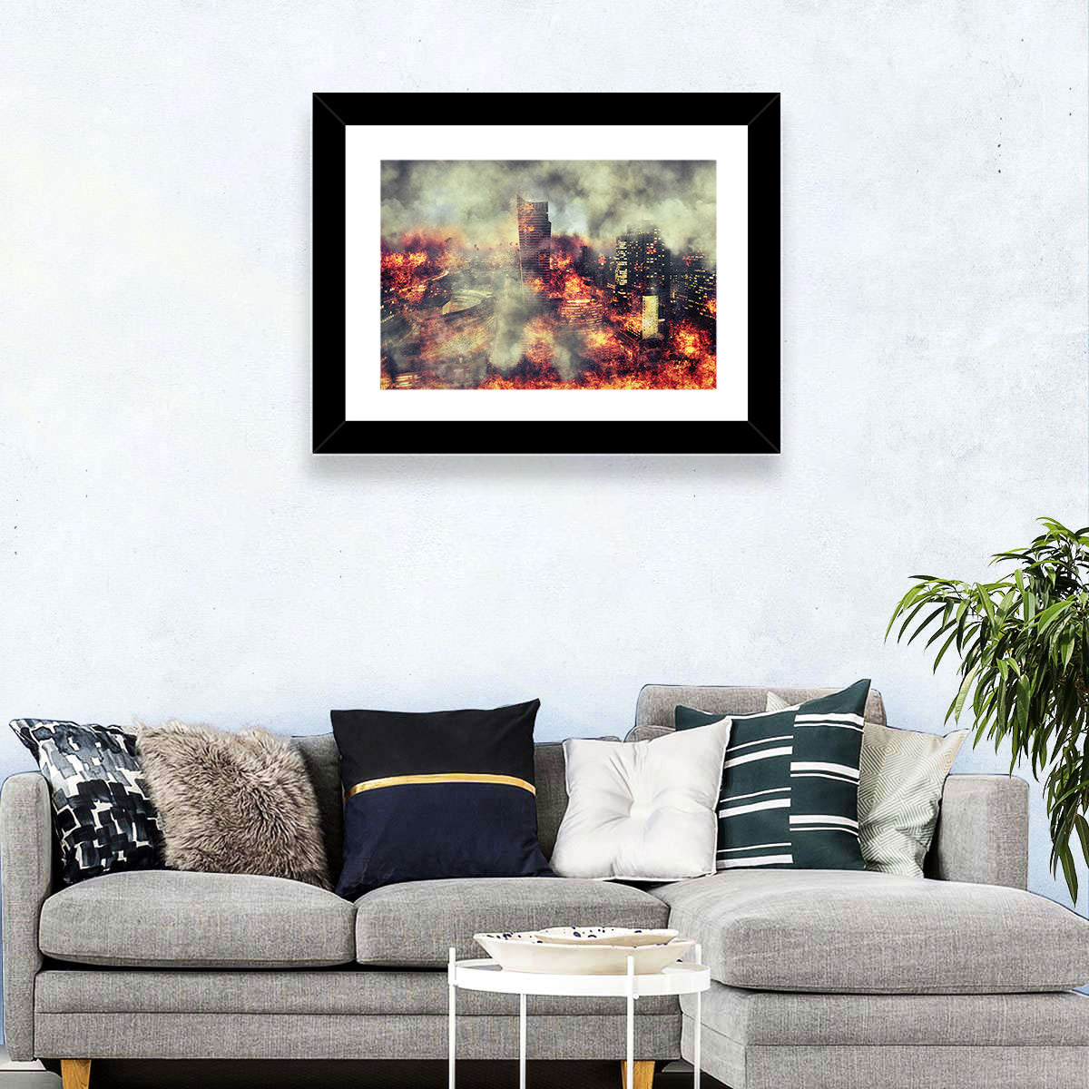 Warsaw Spire Burning City Abstract Wall Art in a room, landscape