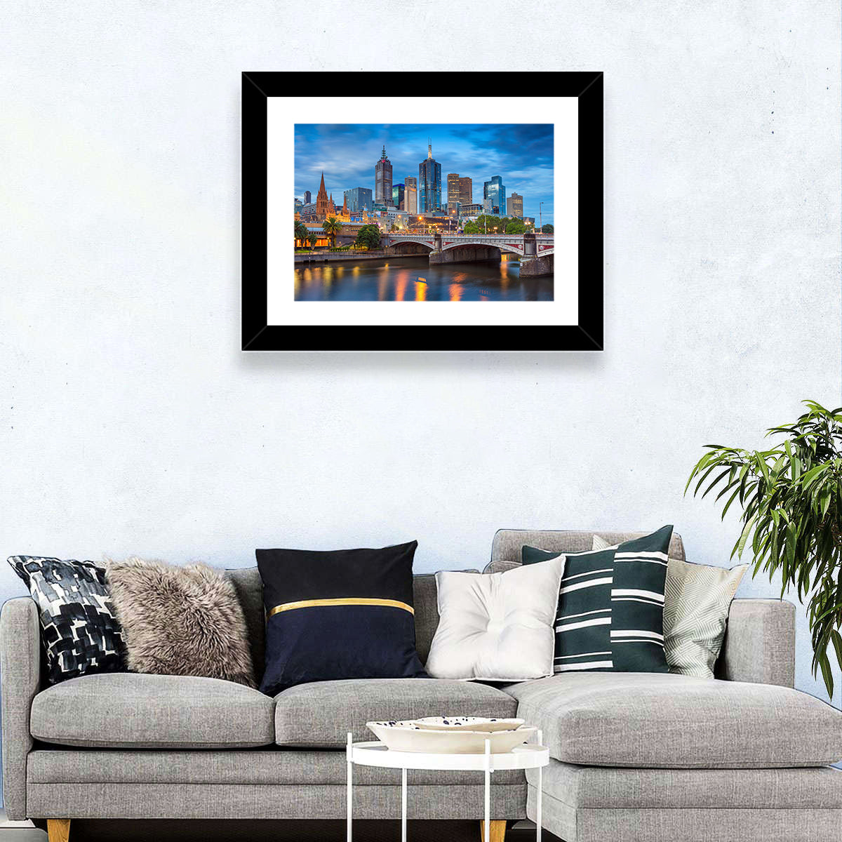 Melbourne Blue Hour Skyline Wall Art in a room, landscape