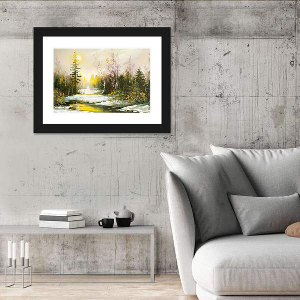 Sunlit Winter River Landscape Wall Art in a room, landscape