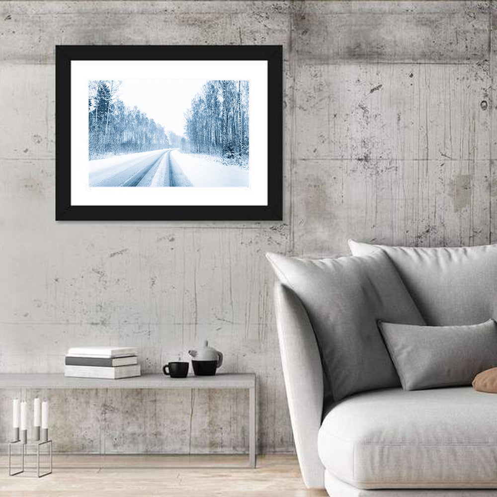 Tire Tracks on Snowy Road Wall Art in a room, landscape