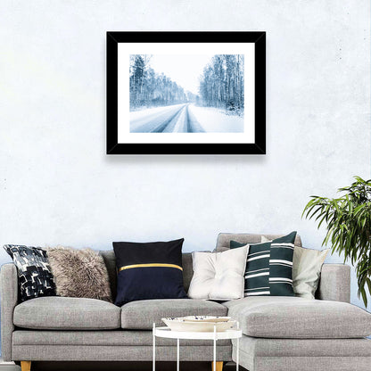 Tire Tracks on Snowy Road Wall Art