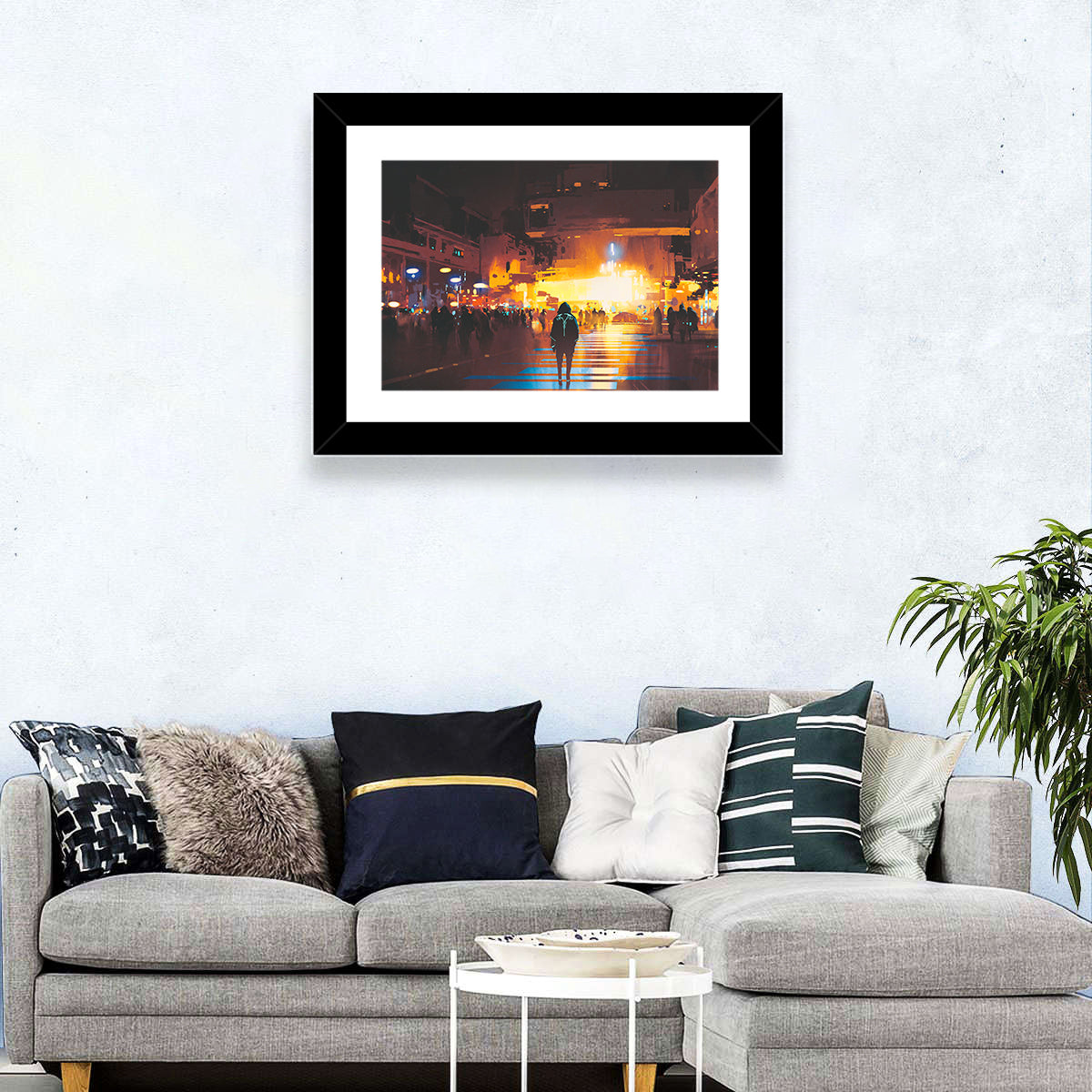 Futuristic Neon Cityscape Wall Art in a room, landscape