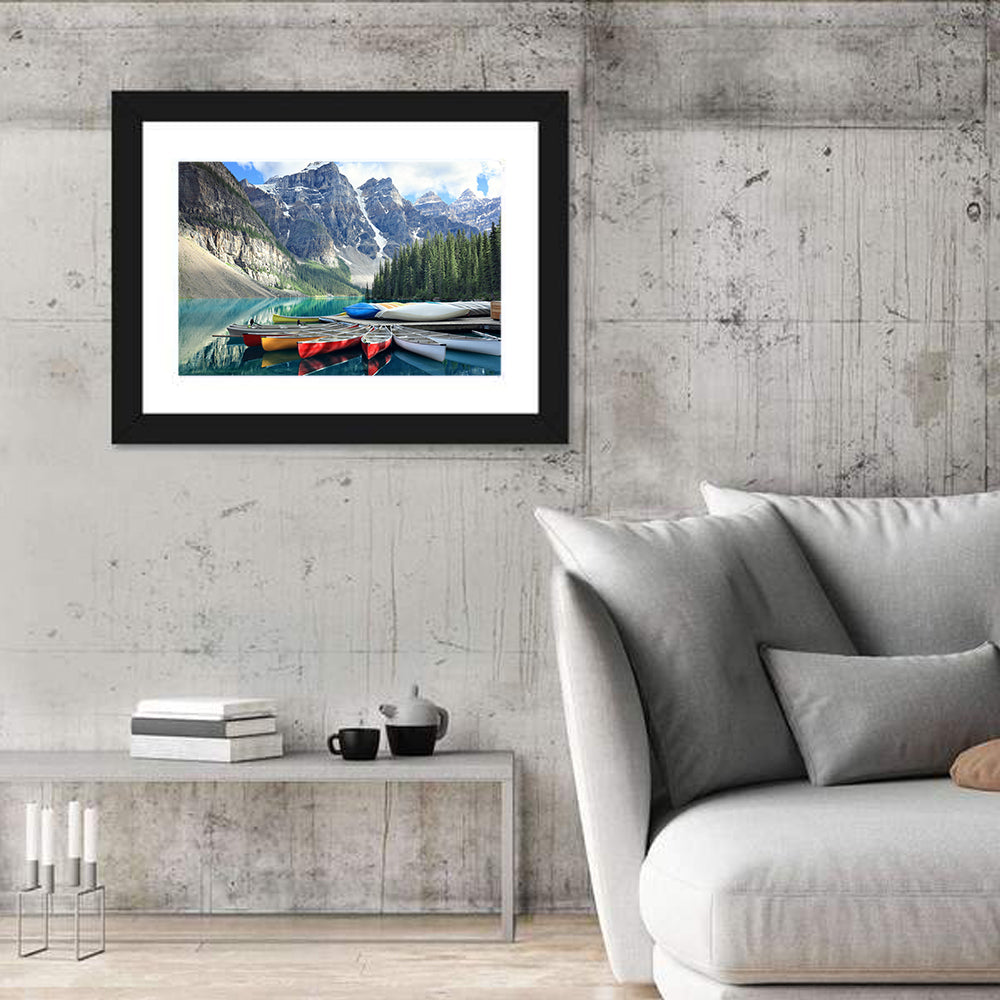 Moraine Lake Canoes at Lake Louise Wall Art