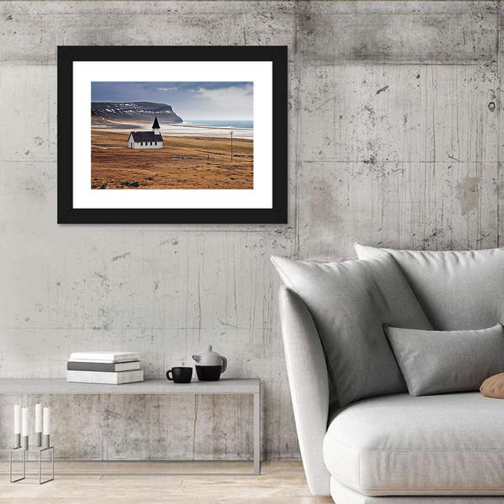Icelandic Church with Dark Steeple Wall Art in a room, landscape