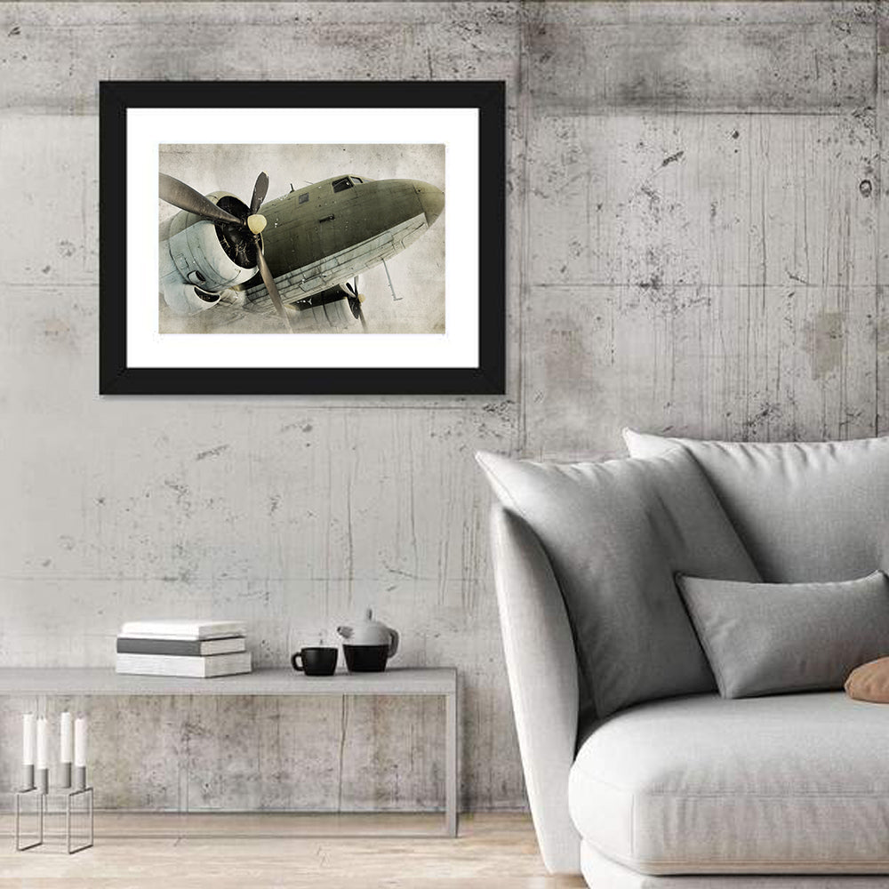 Vintage Propeller Airplane Nose View Wall Art in a room, landscape