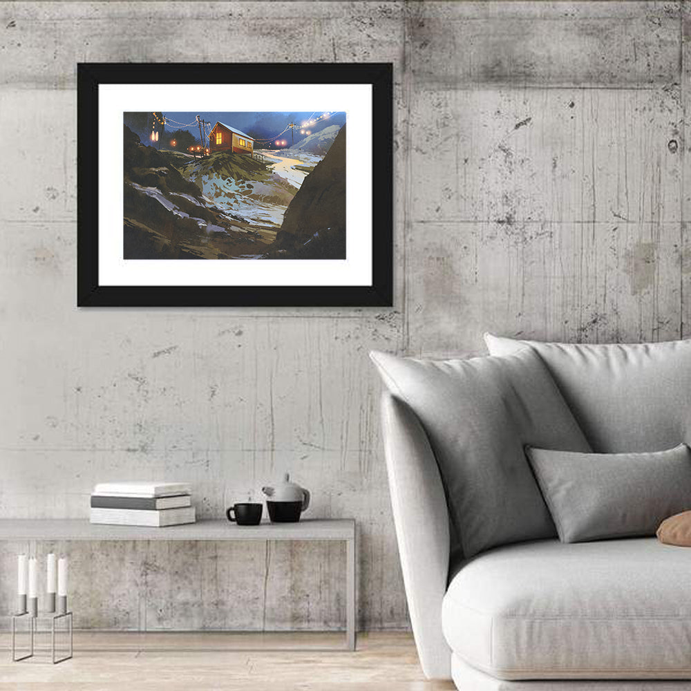 Wooden Cabin in Snowy Mountains Wall Art in a room, landscape