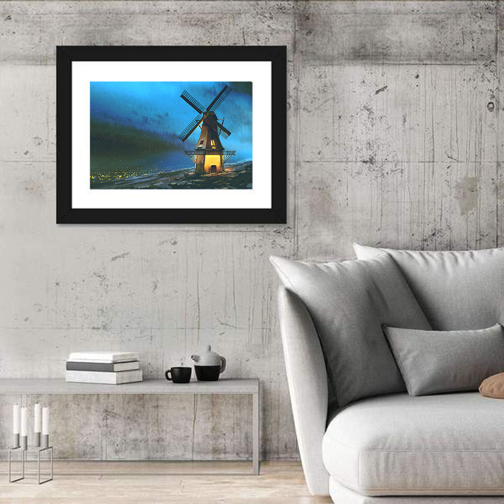 Seaside Windmill at Night Wall Art in a room, landscape