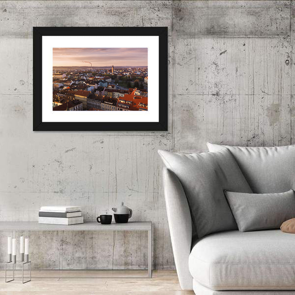 Red Tiled Rooftops at Golden Hour Wall Art in a room, landscape