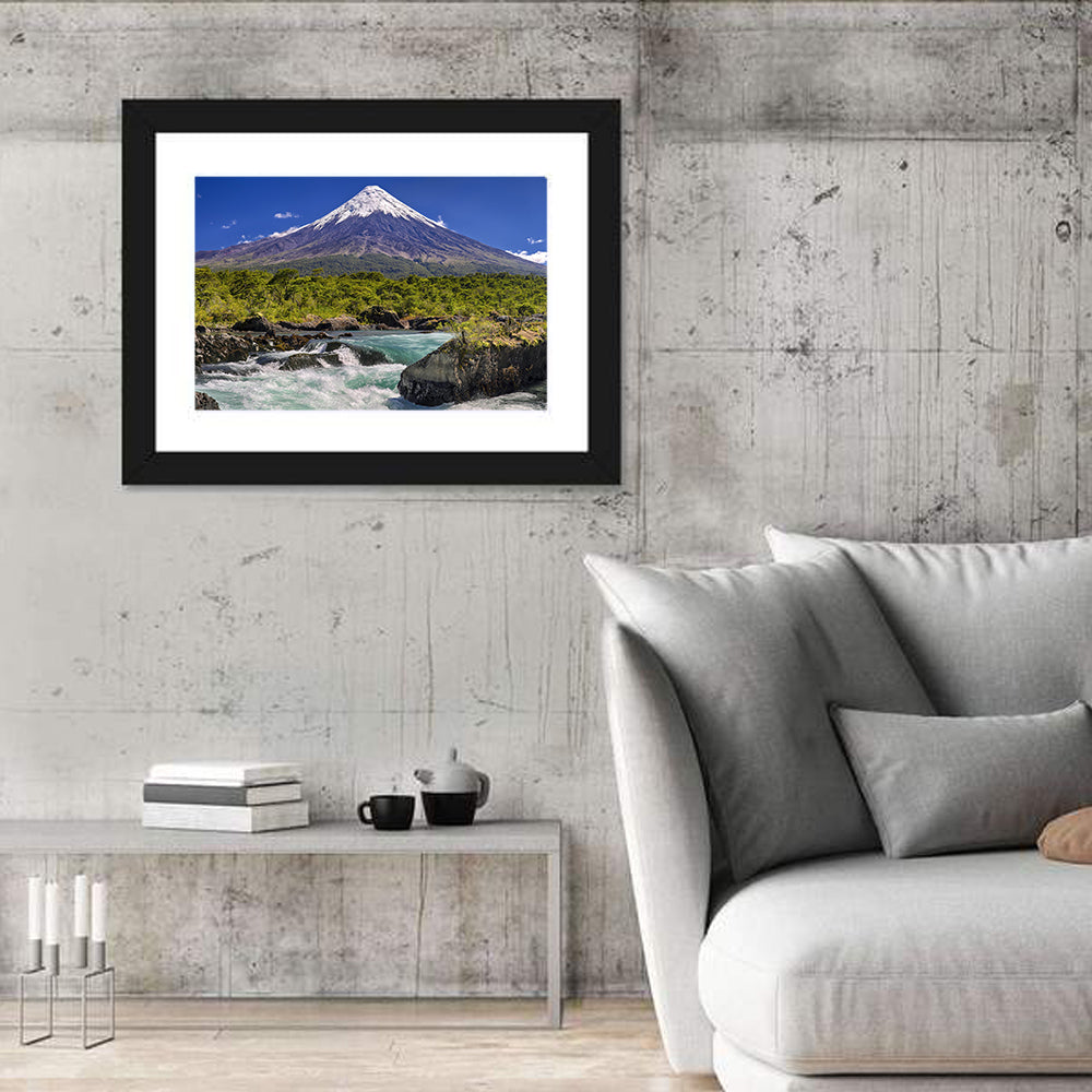 Osorno Volcano Over Petrohue Rapids Wall Art in a room, landscape