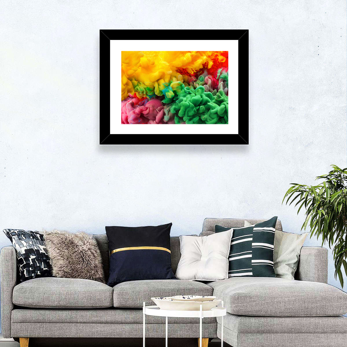 Vibrant Underwater Ink Cloud Abstract Wall Art in a room, landscape