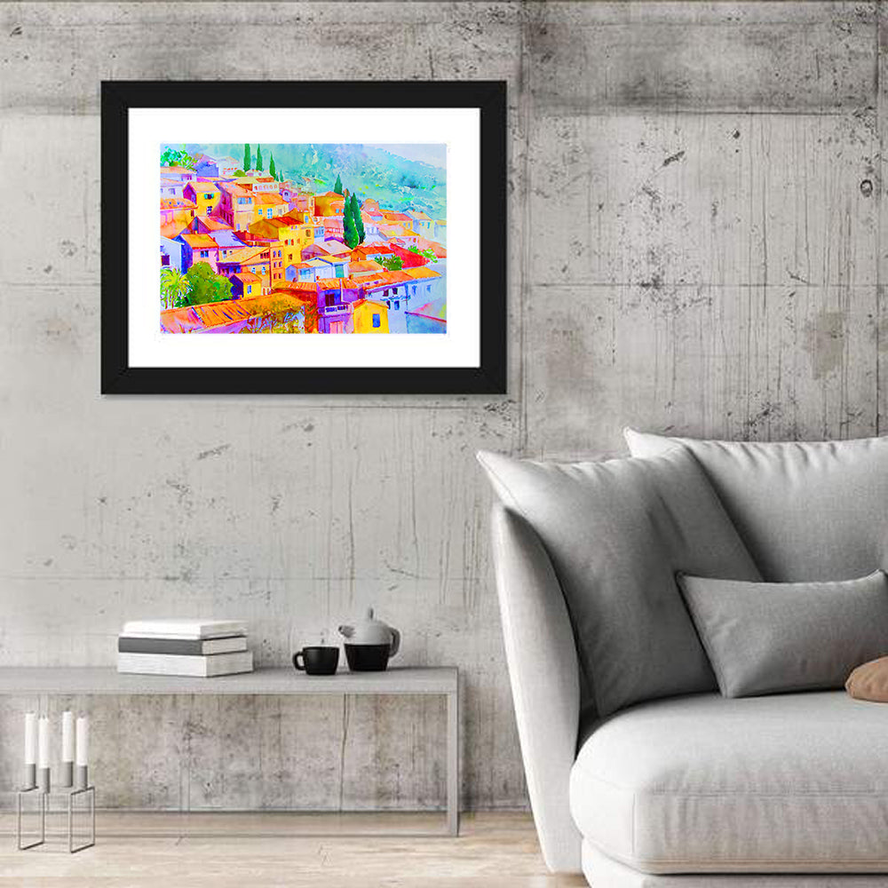 Mediterranean Hillside Watercolor Village Wall Art in a room, landscape